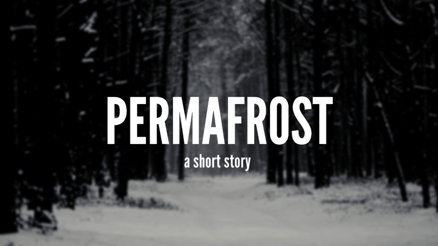 Cover image. Text overlaying a picture of a snowy forest. Text reads 'Permafrost a short story'